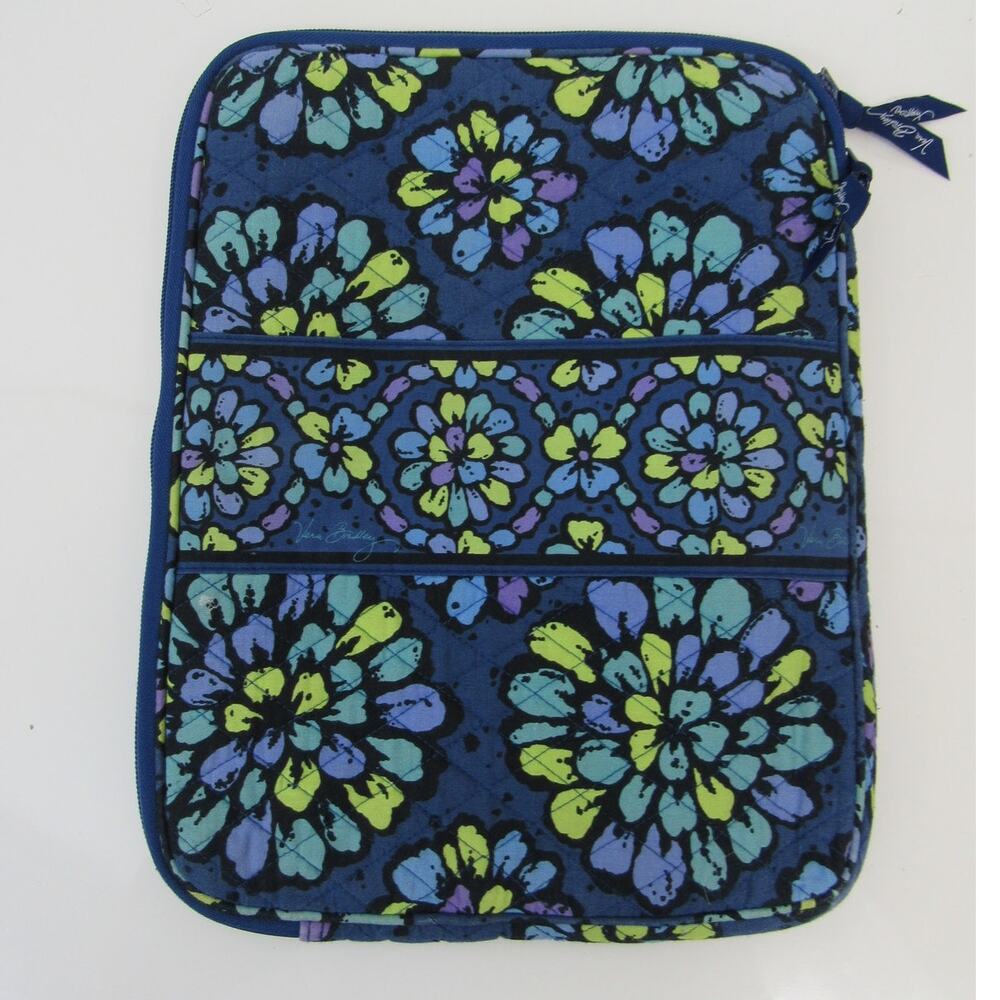 Vera Bradley Indigo Pop Laptop Case Padded Quilted Blue Green Floral Zipper